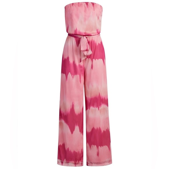 New York & Co Sweet Pea Pink Tie-Dye Strapless Boho Wide-Leg Jumpsuit XS New - Picture 3 of 17